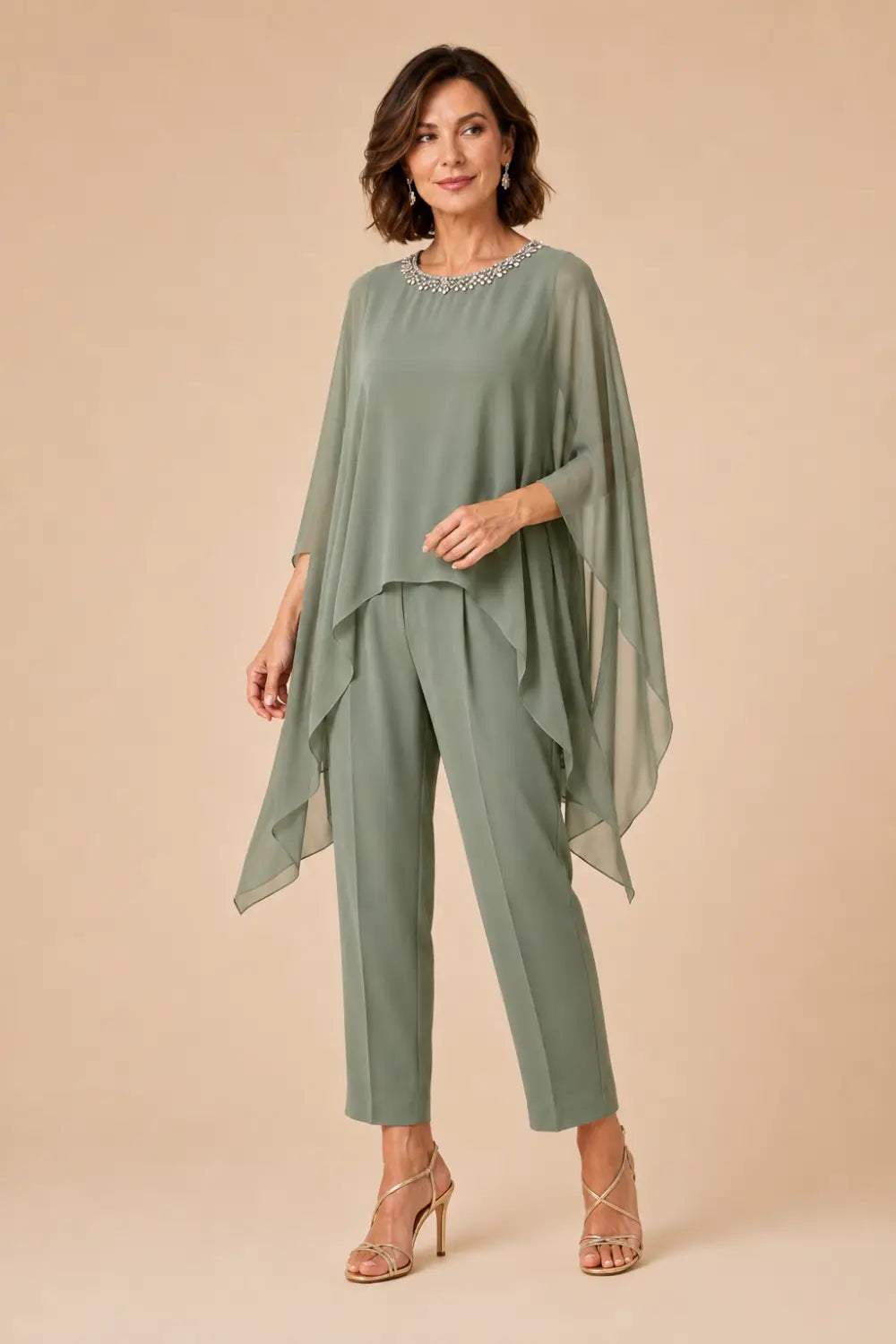 Beaded Chiffon Asymmetric Capelet Pant Suit