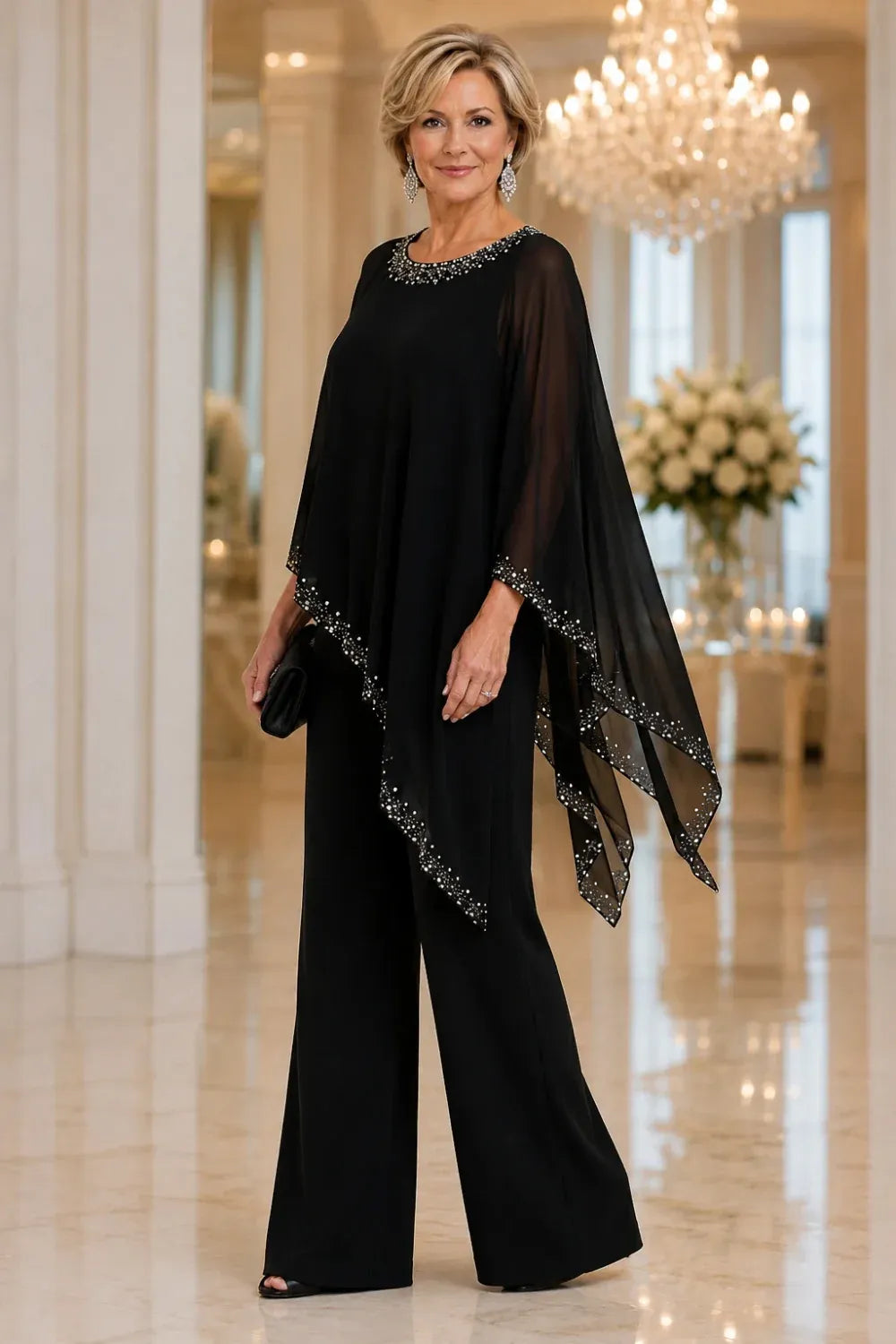 Beaded Chiffon Cape Formal Pant Suit with Wide Legs