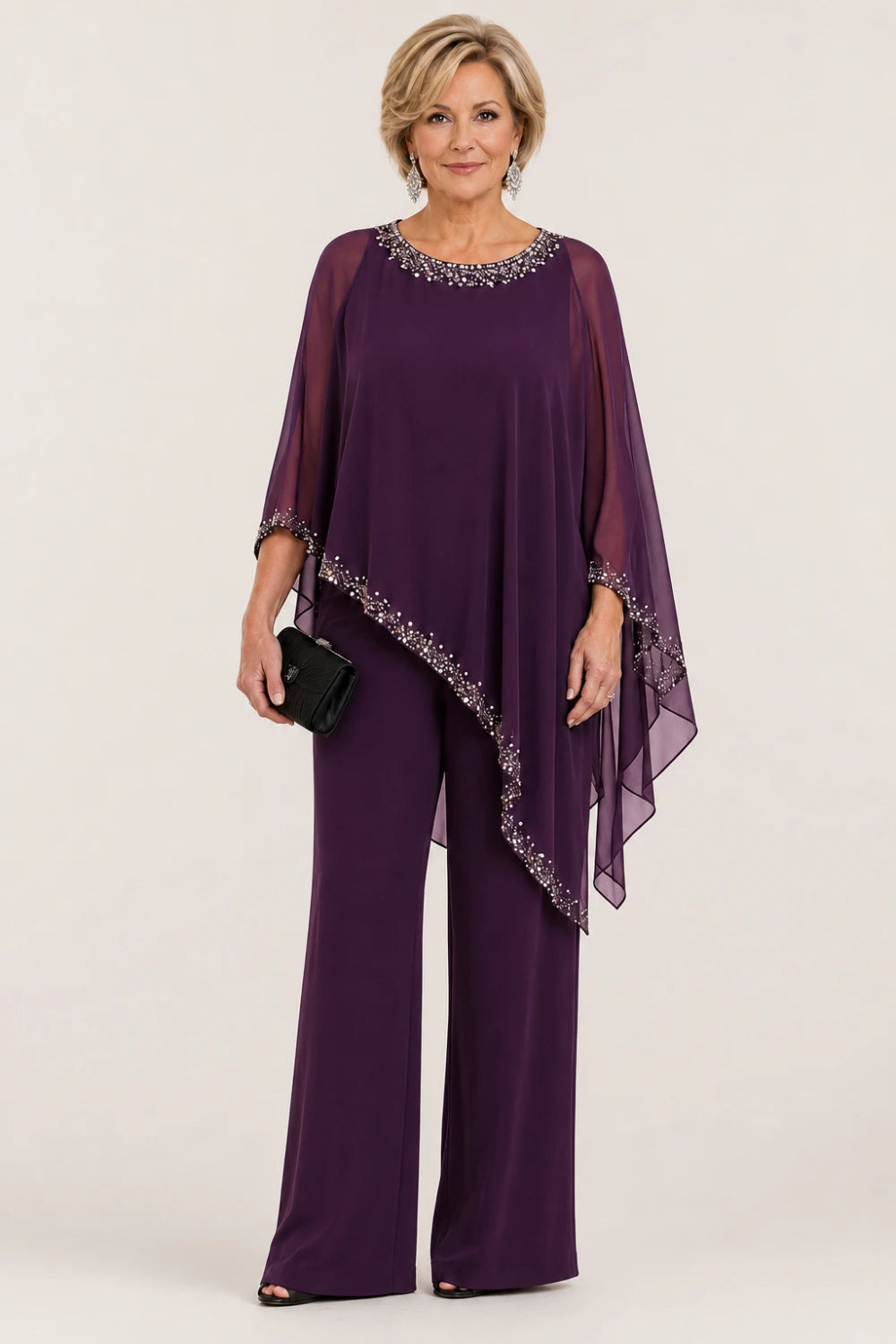 Beaded Chiffon Cape Formal Pant Suit with Wide Legs