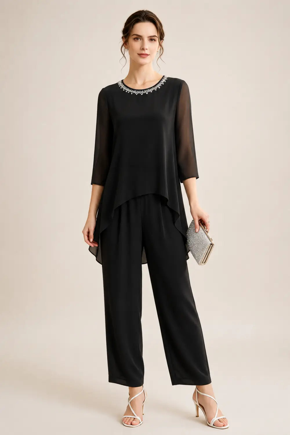 Beaded Chiffon Capelet Pant Suit with Wide-Leg Pants