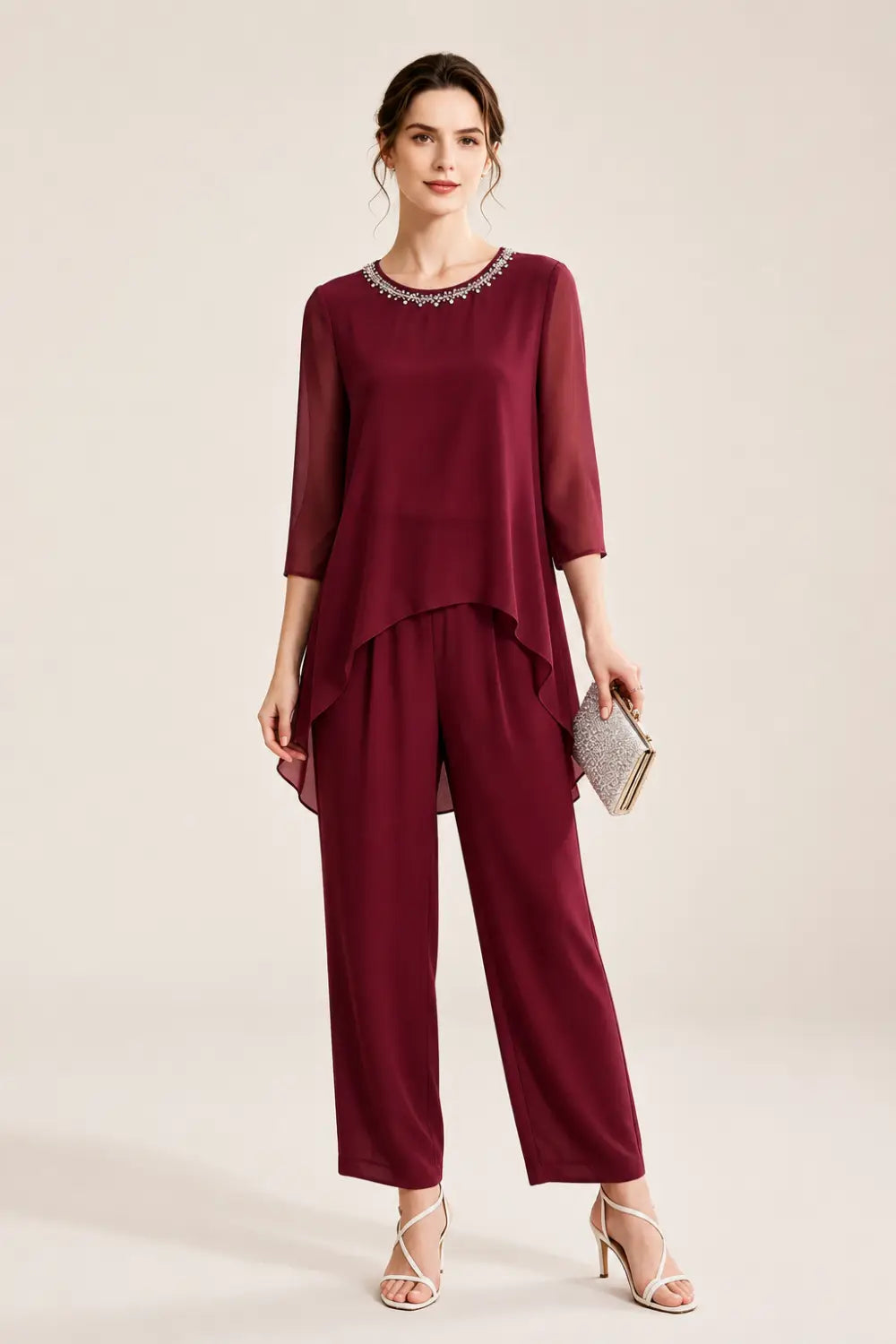 Beaded Chiffon Capelet Pant Suit with Wide-Leg Pants