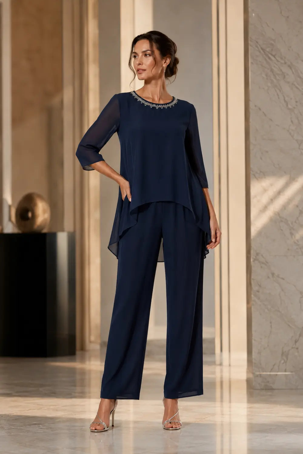 Beaded Chiffon Capelet Pant Suit with Wide-Leg Pants