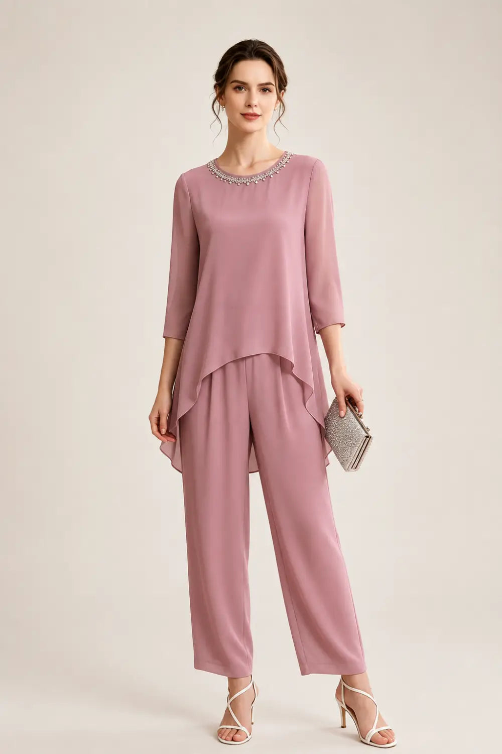 Beaded Chiffon Capelet Pant Suit with Wide-Leg Pants