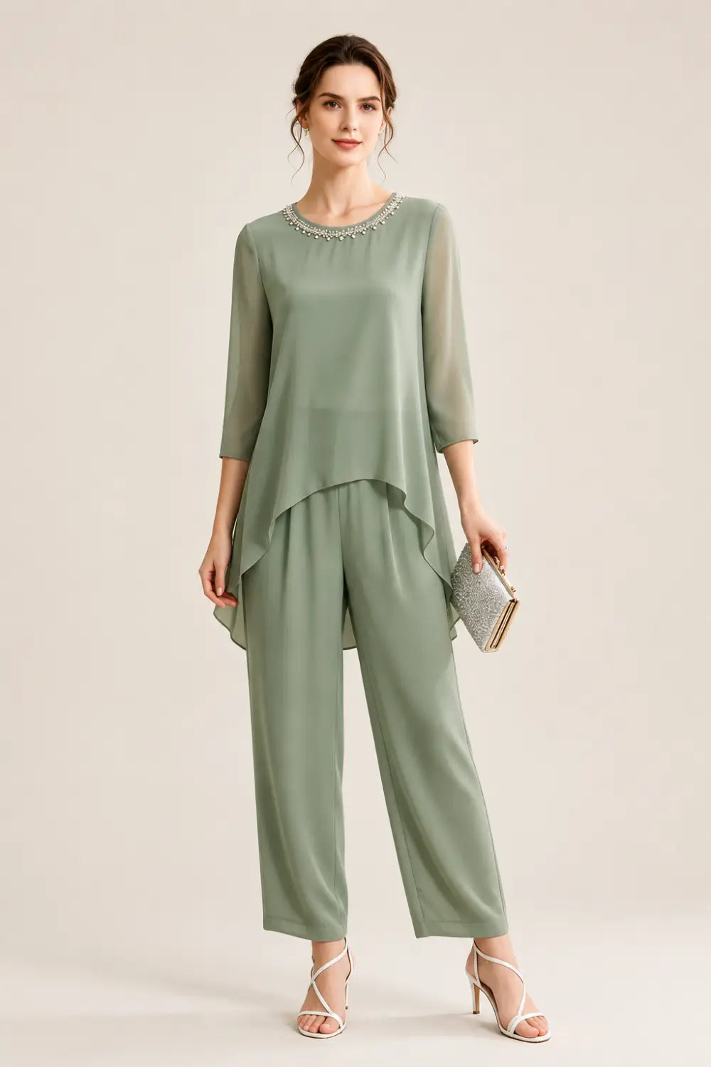 Beaded Chiffon Capelet Pant Suit with Wide-Leg Pants