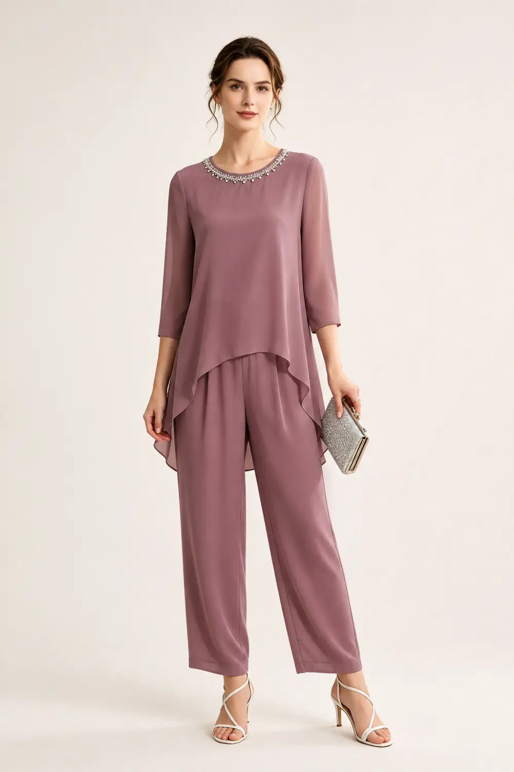 Beaded Chiffon Capelet Pant Suit with Wide-Leg Pants