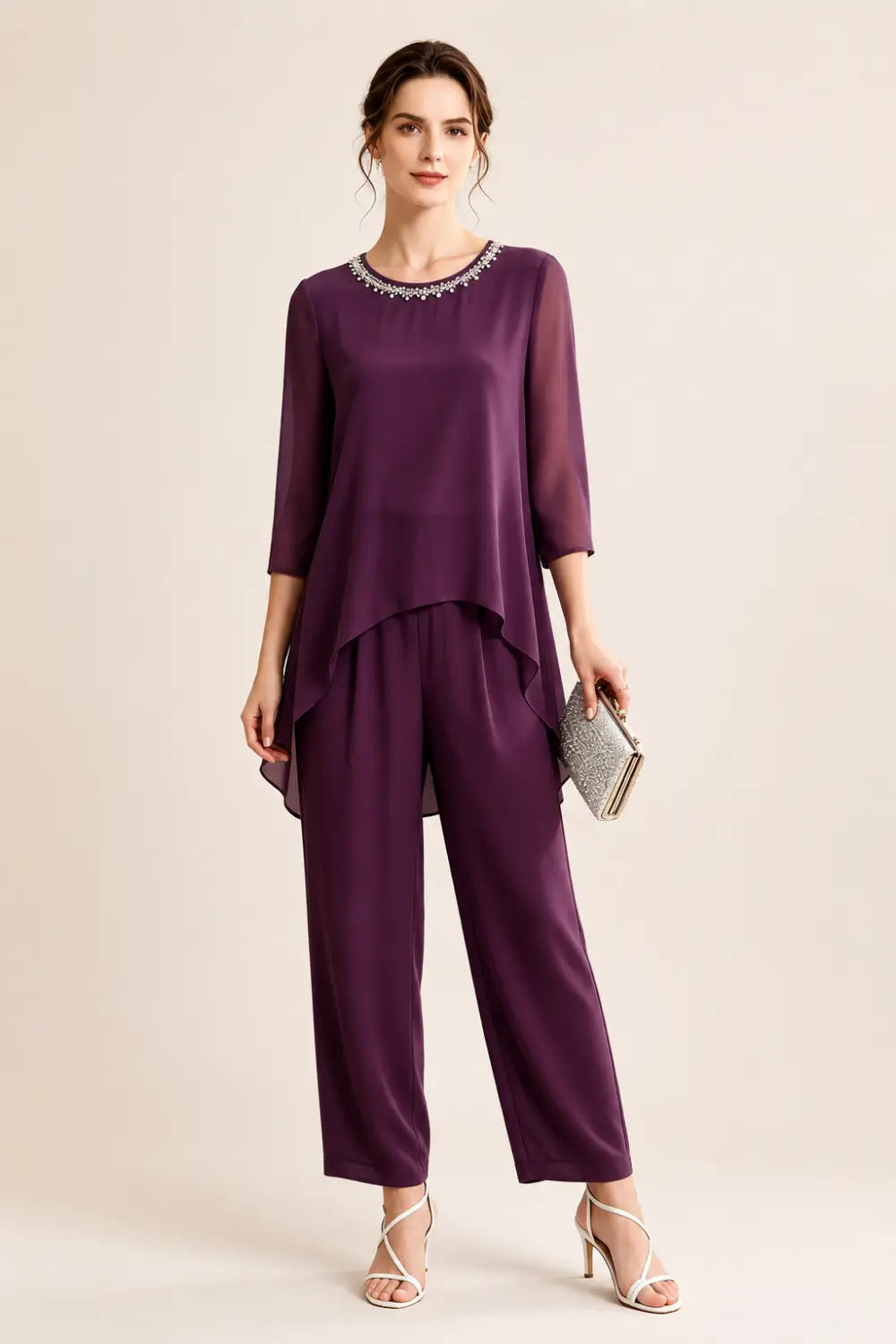 Beaded Chiffon Capelet Pant Suit with Wide-Leg Pants