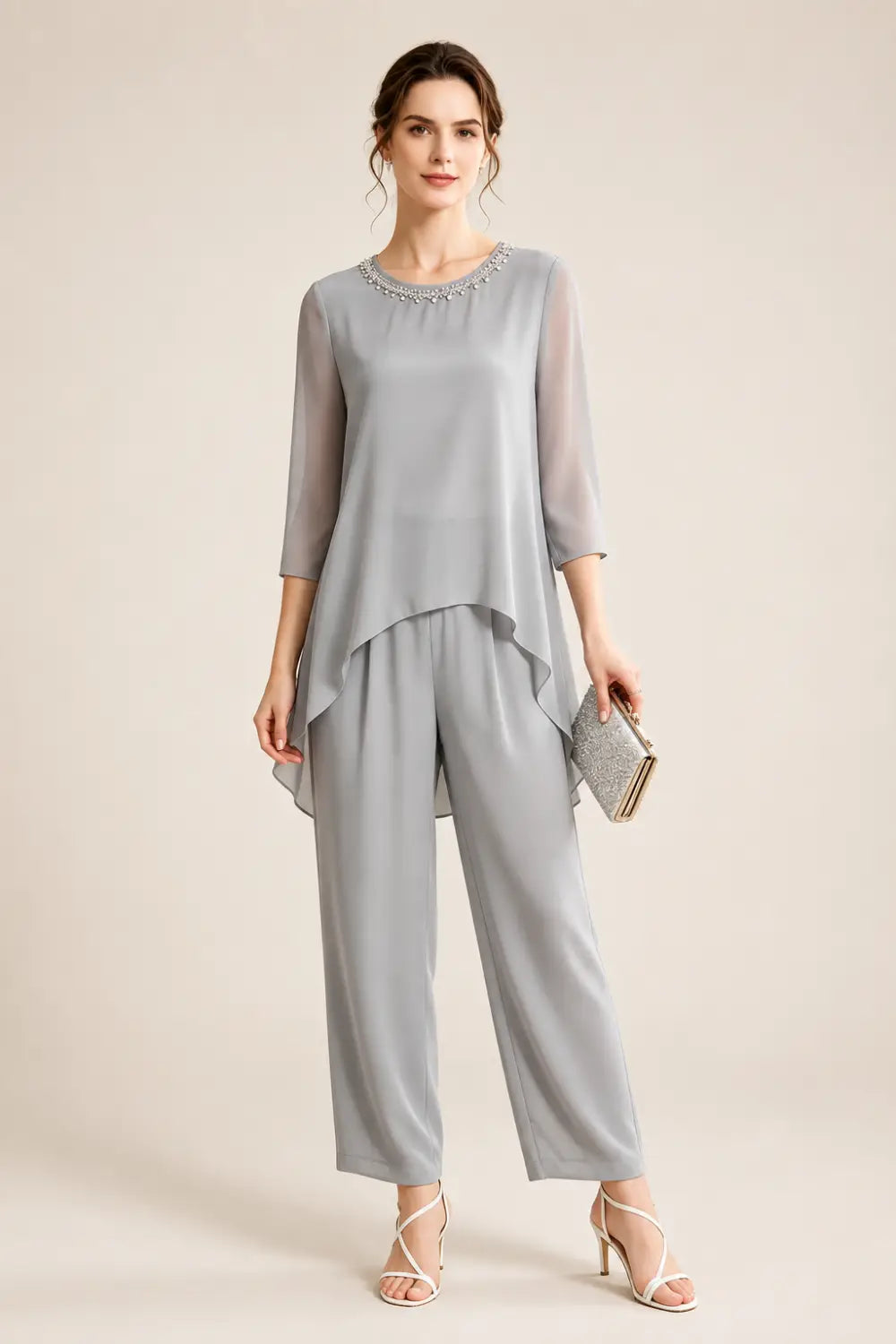 Beaded Chiffon Capelet Pant Suit with Wide-Leg Pants