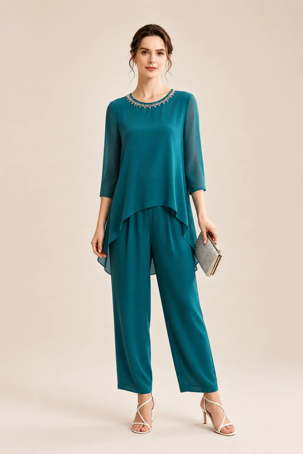Beaded Chiffon Capelet Pant Suit with Wide-Leg Pants