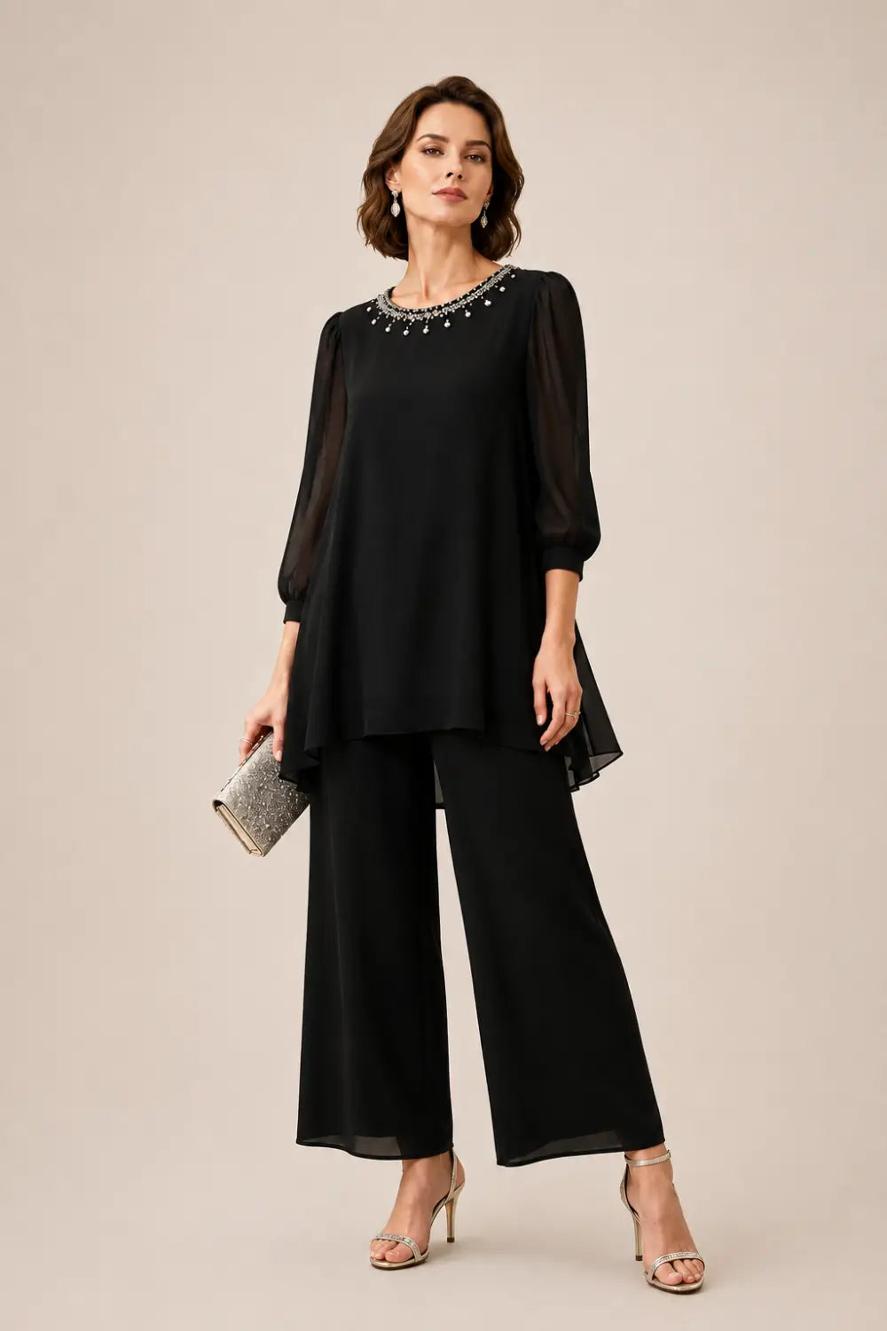 Beaded Chiffon Layered Pant Suit with 3/4 Sleeves