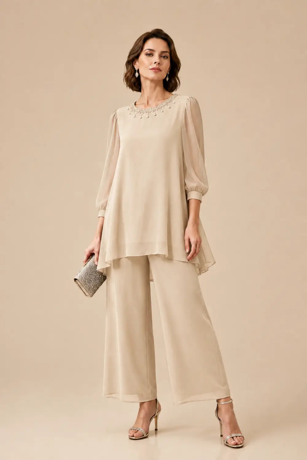 Beaded Chiffon Layered Pant Suit with 3/4 Sleeves