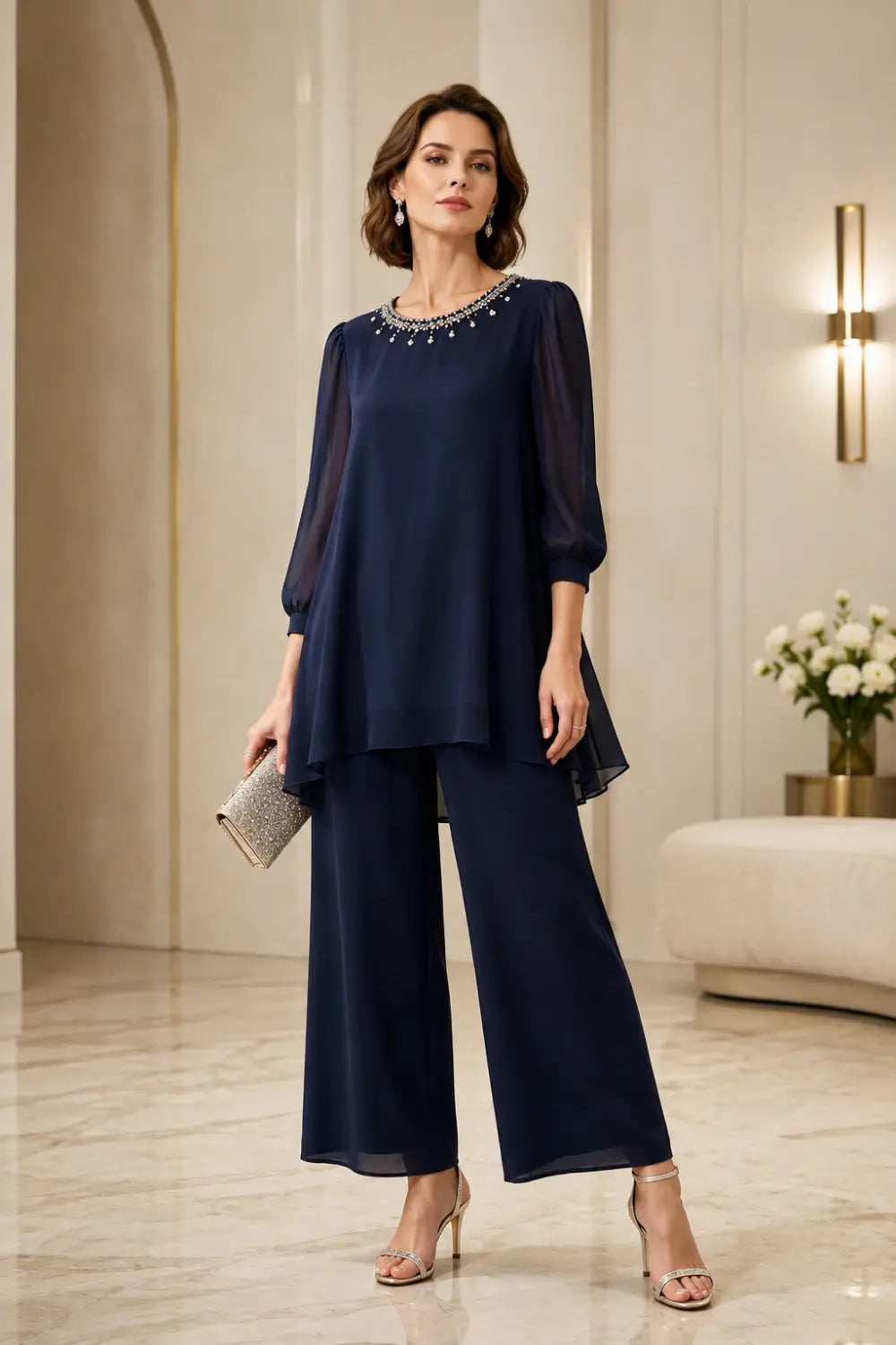 Beaded Chiffon Layered Pant Suit with 3/4 Sleeves