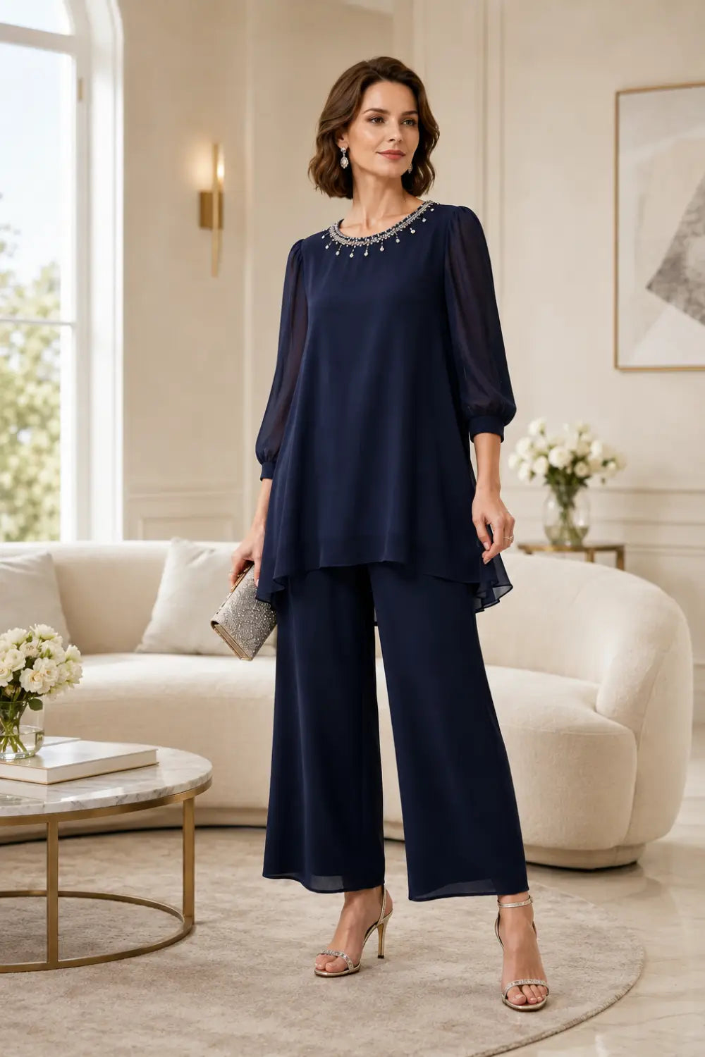 Beaded Chiffon Layered Pant Suit with 3/4 Sleeves