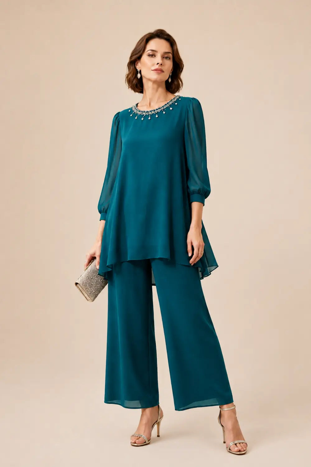 Beaded Chiffon Layered Pant Suit with 3/4 Sleeves