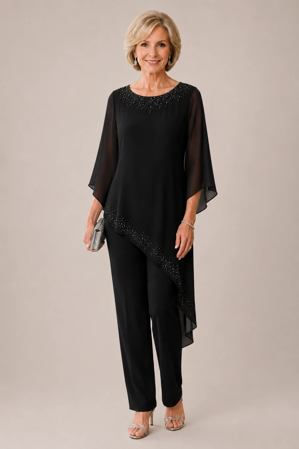 Beaded Chiffon Overlay Mother of the Bride Pant Suit