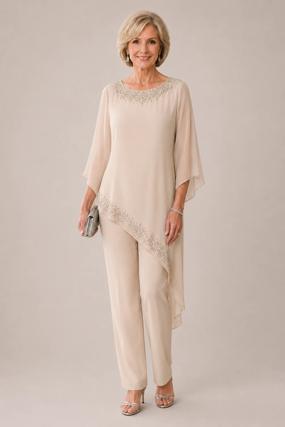 Beaded Chiffon Overlay Mother of the Bride Pant Suit