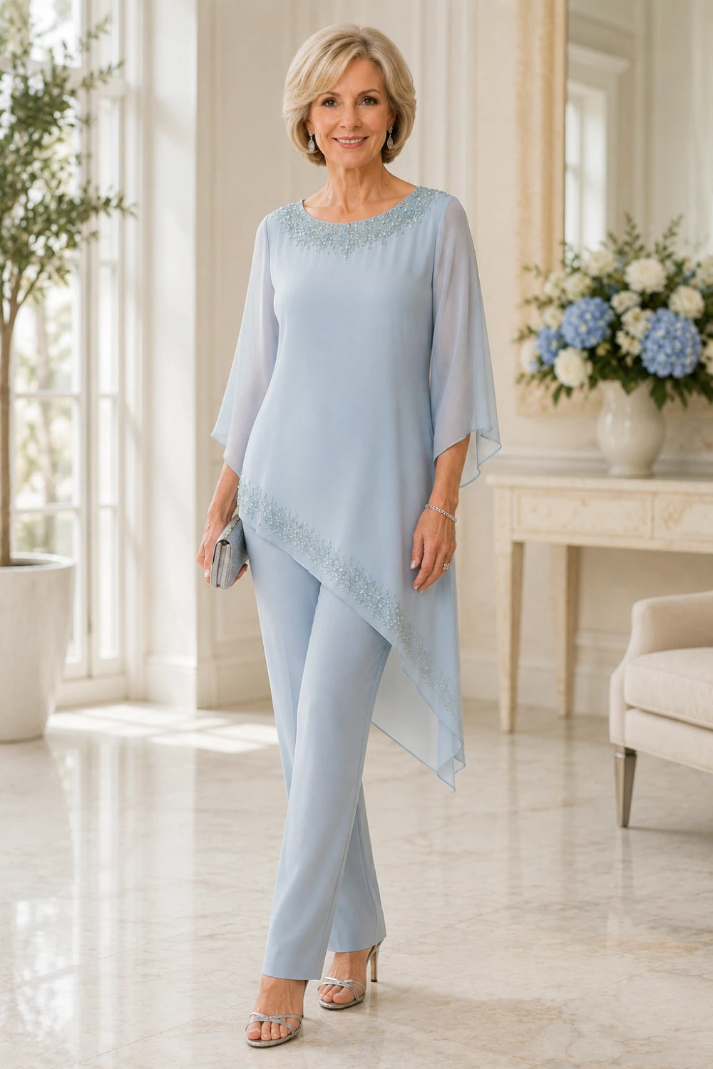 Beaded Chiffon Overlay Mother of the Bride Pant Suit