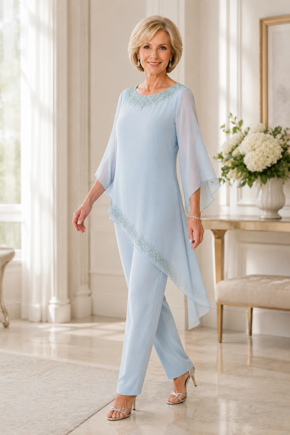 Beaded Chiffon Overlay Mother of the Bride Pant Suit