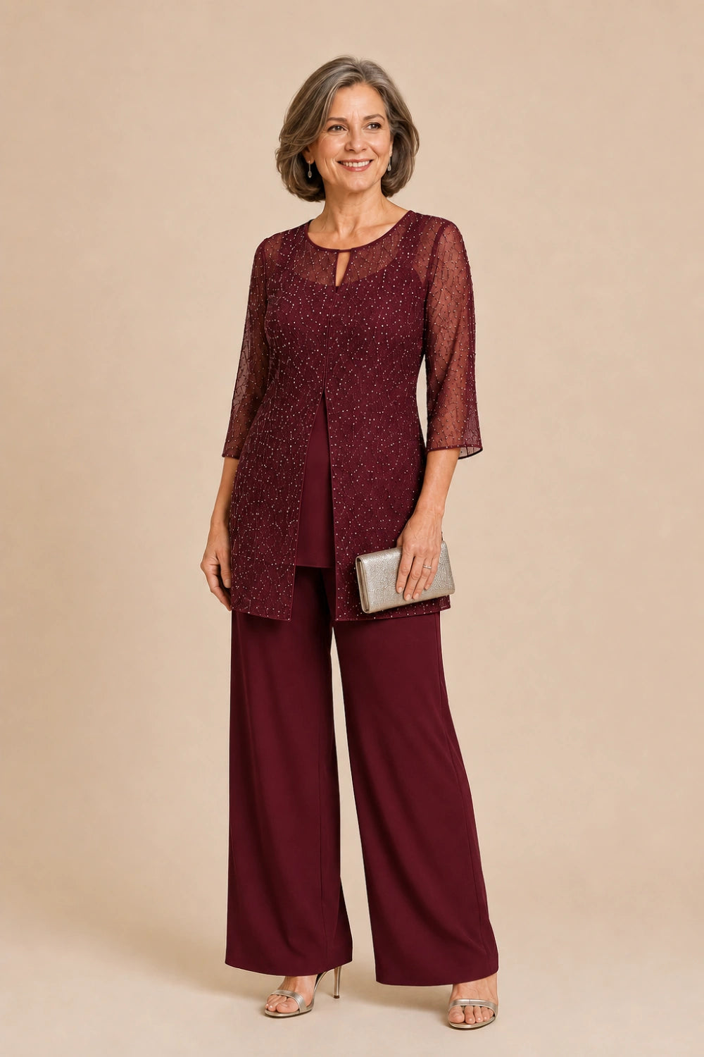 Beaded Chiffon Three-Piece Pant Suit with Long Overlay