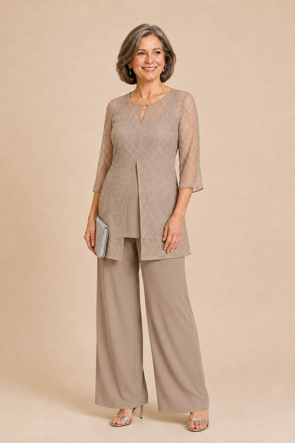 Beaded Chiffon Three-Piece Pant Suit with Long Overlay