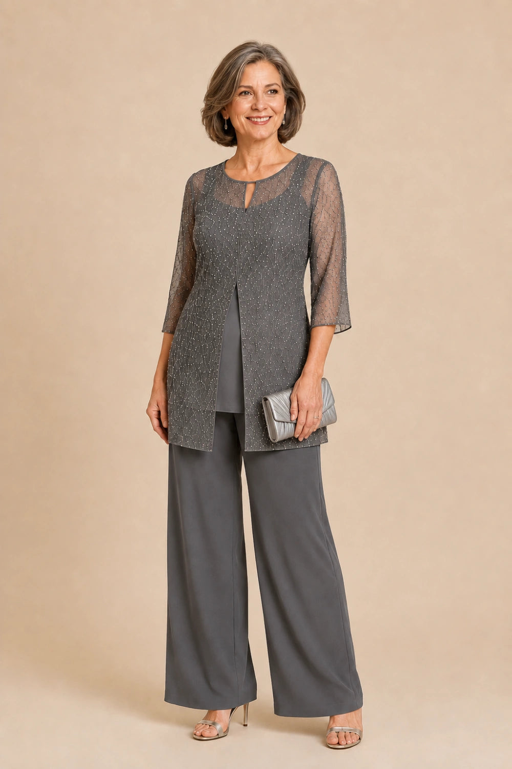 Beaded Chiffon Three-Piece Pant Suit with Long Overlay