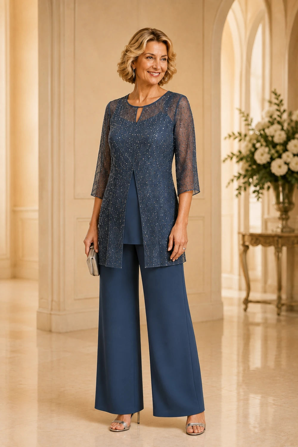 Beaded Chiffon Three-Piece Pant Suit with Long Overlay