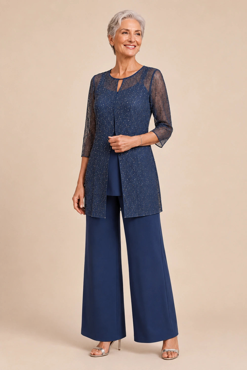 Beaded Chiffon Three-Piece Pant Suit with Long Overlay