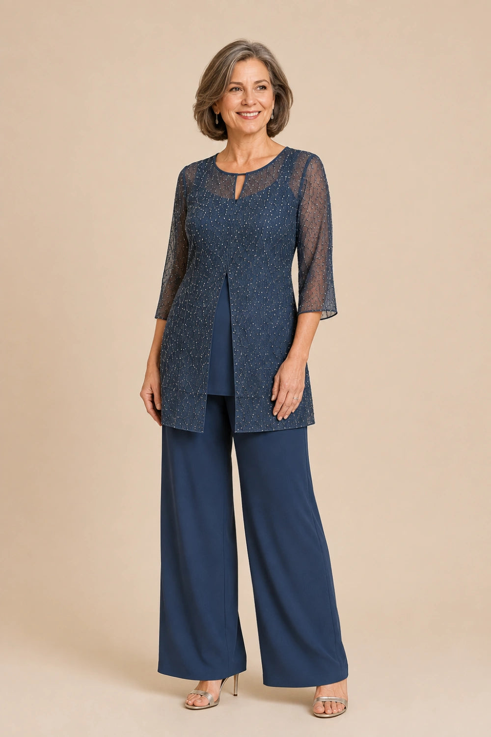 Beaded Chiffon Three-Piece Pant Suit with Long Overlay