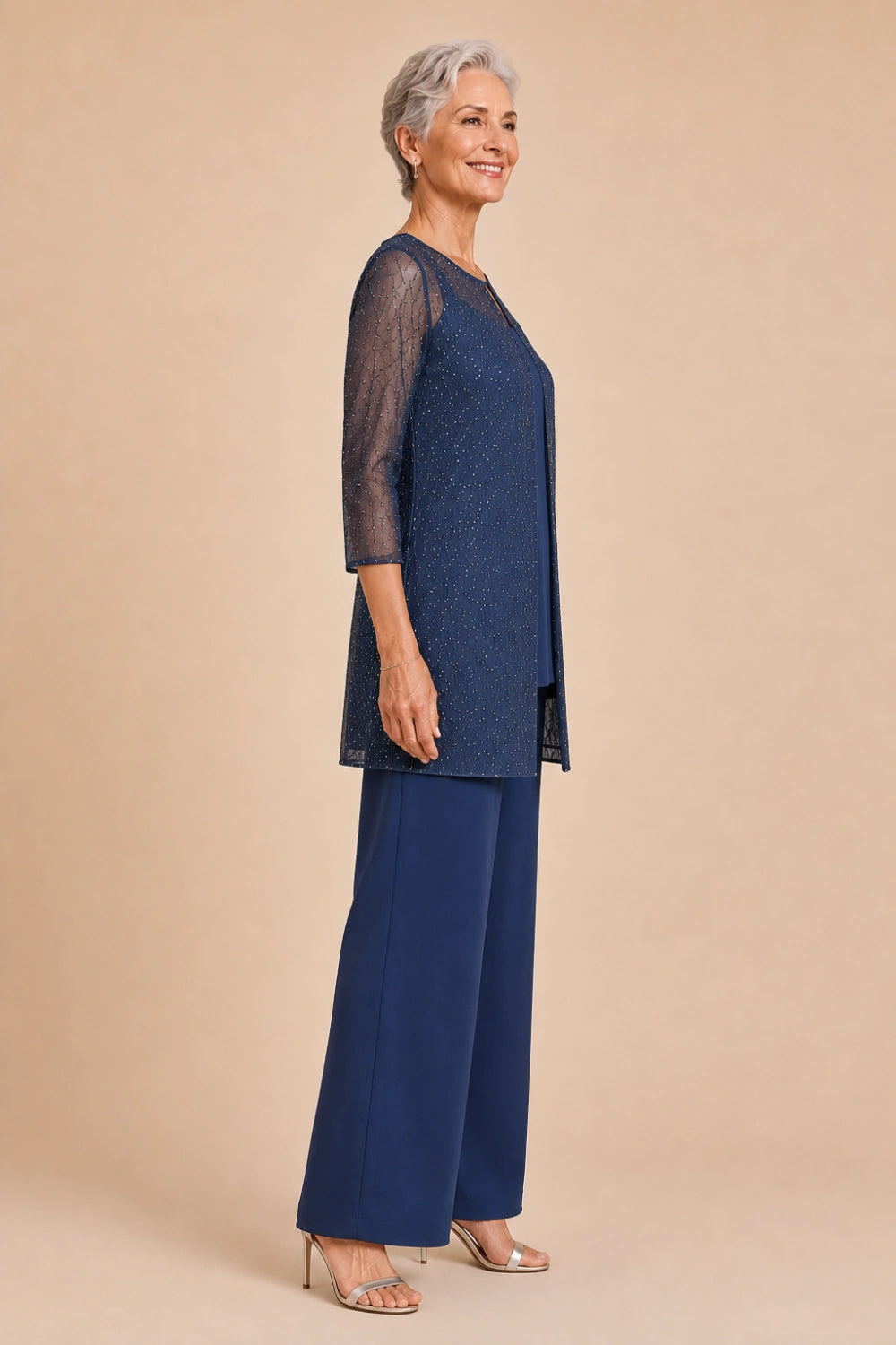 Beaded Chiffon Three-Piece Pant Suit with Long Overlay