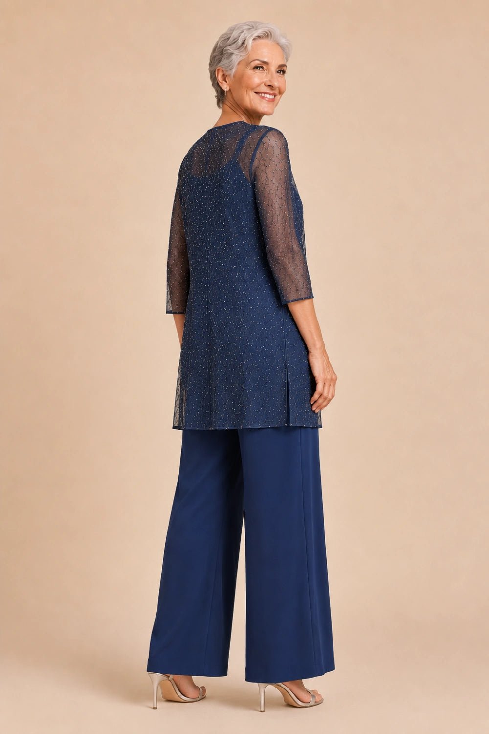 Beaded Chiffon Three-Piece Pant Suit with Long Overlay