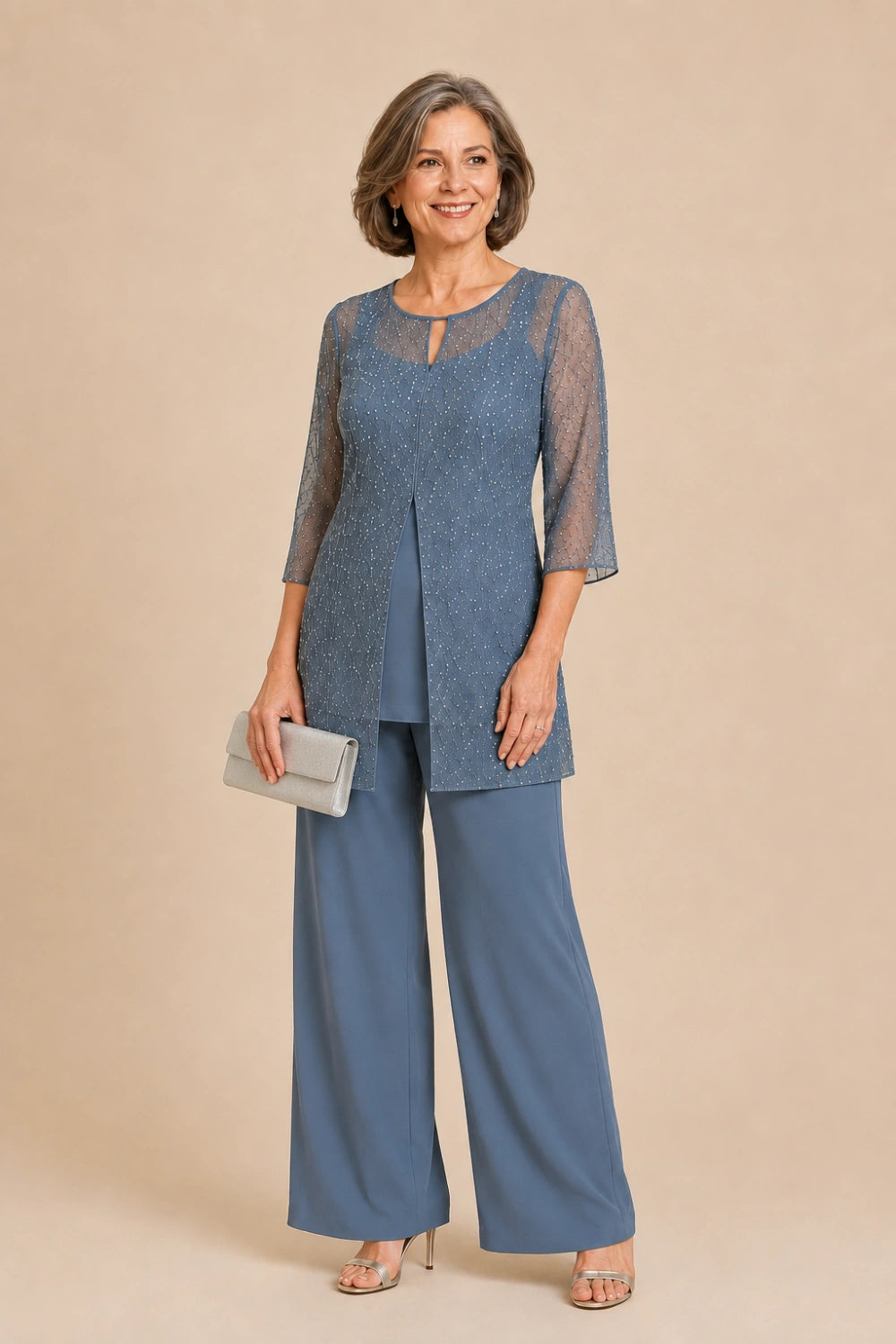 Beaded Chiffon Three-Piece Pant Suit with Long Overlay