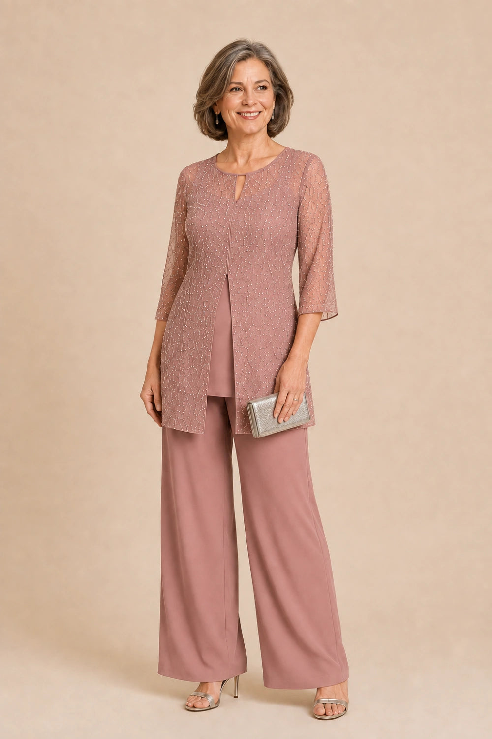 Beaded Chiffon Three-Piece Pant Suit with Long Overlay