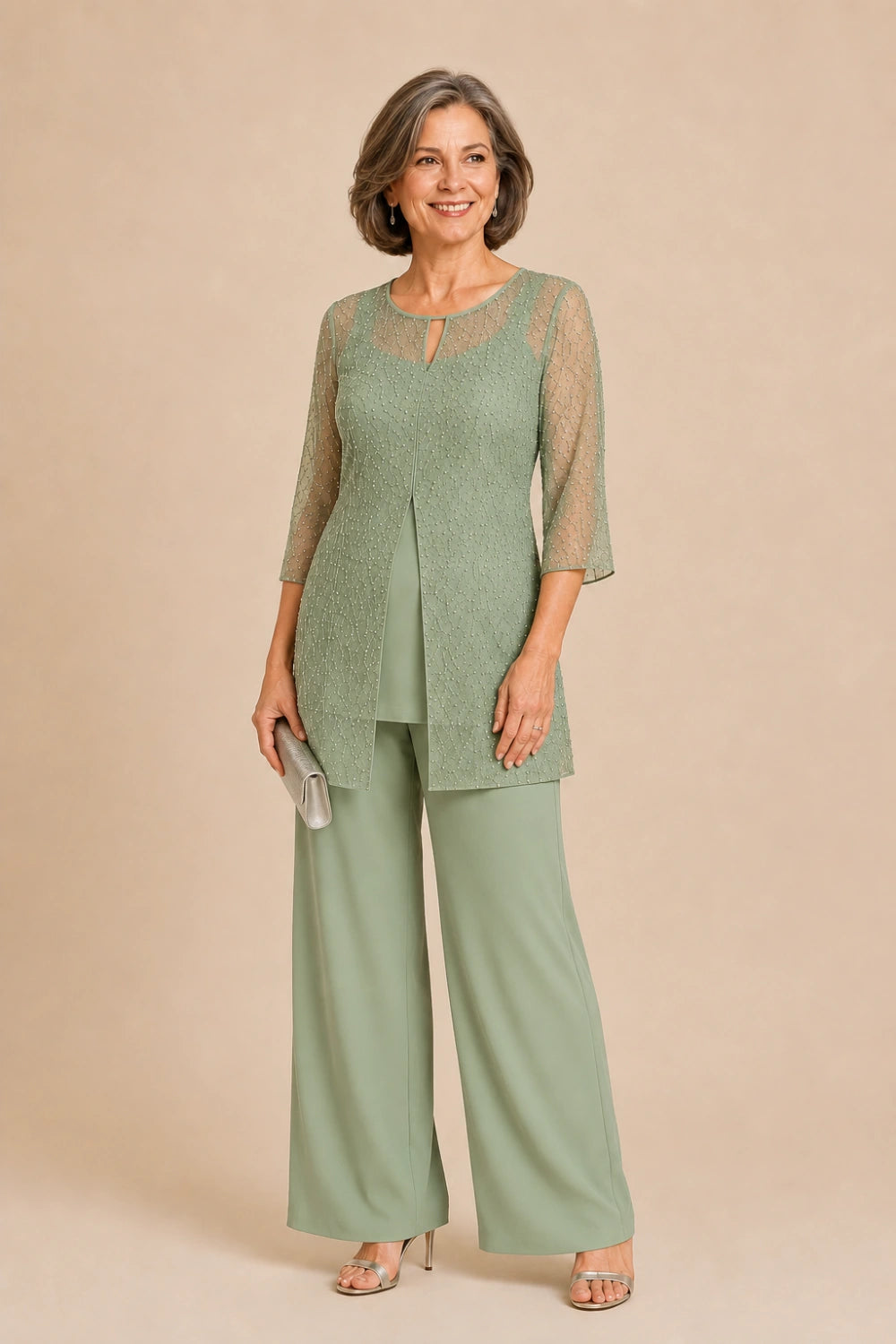 Beaded Chiffon Three-Piece Pant Suit with Long Overlay