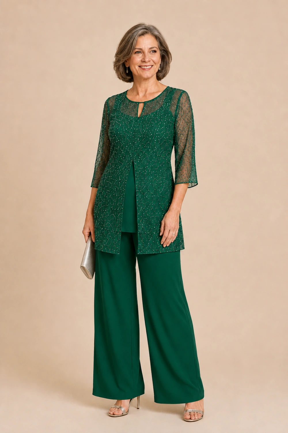Beaded Chiffon Three-Piece Pant Suit with Long Overlay