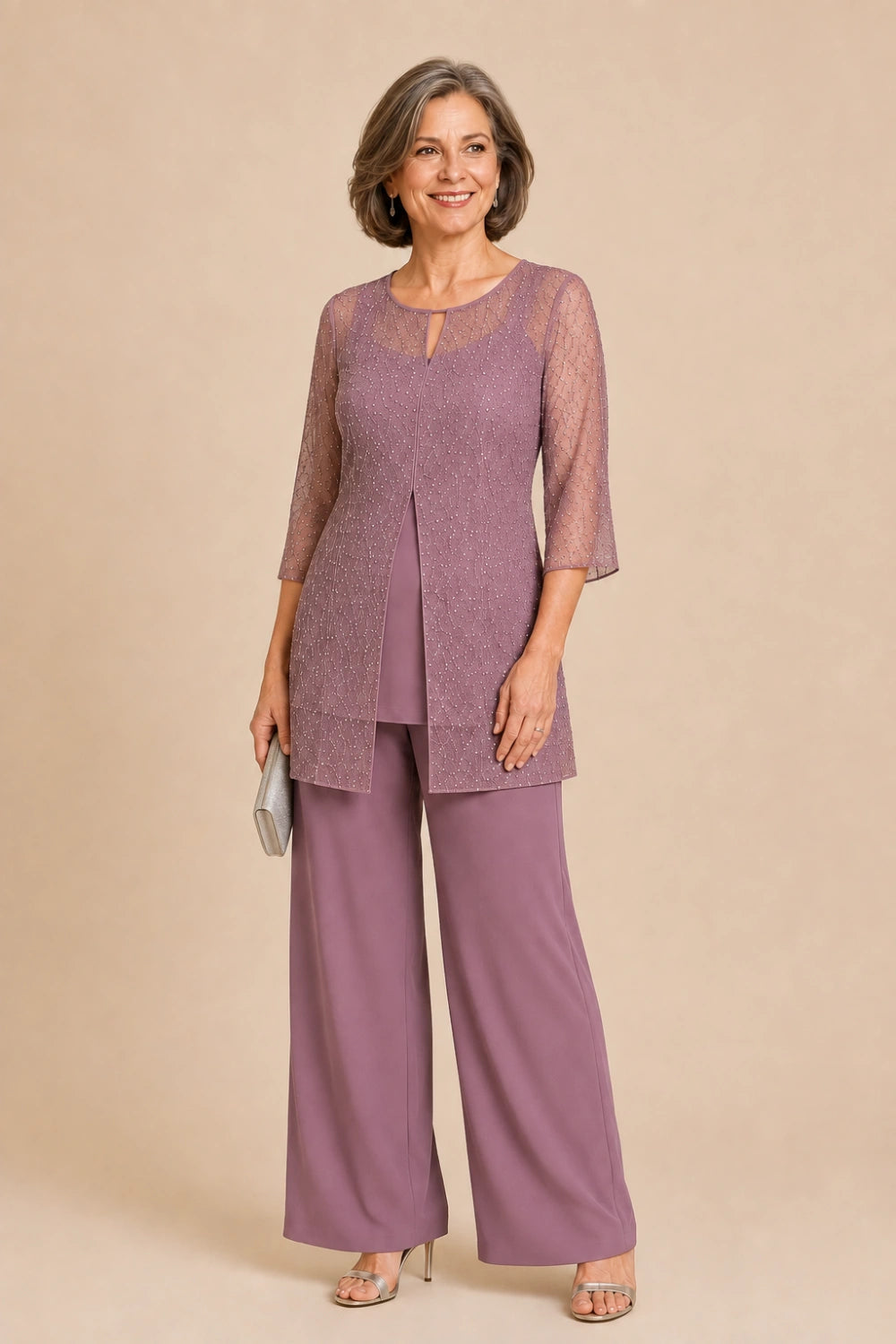 Beaded Chiffon Three-Piece Pant Suit with Long Overlay