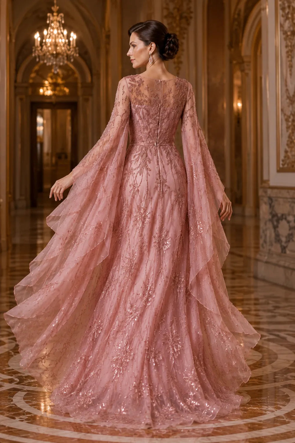 Pink Floral Embroidered Dress Elegant Mother of the Bride Gown