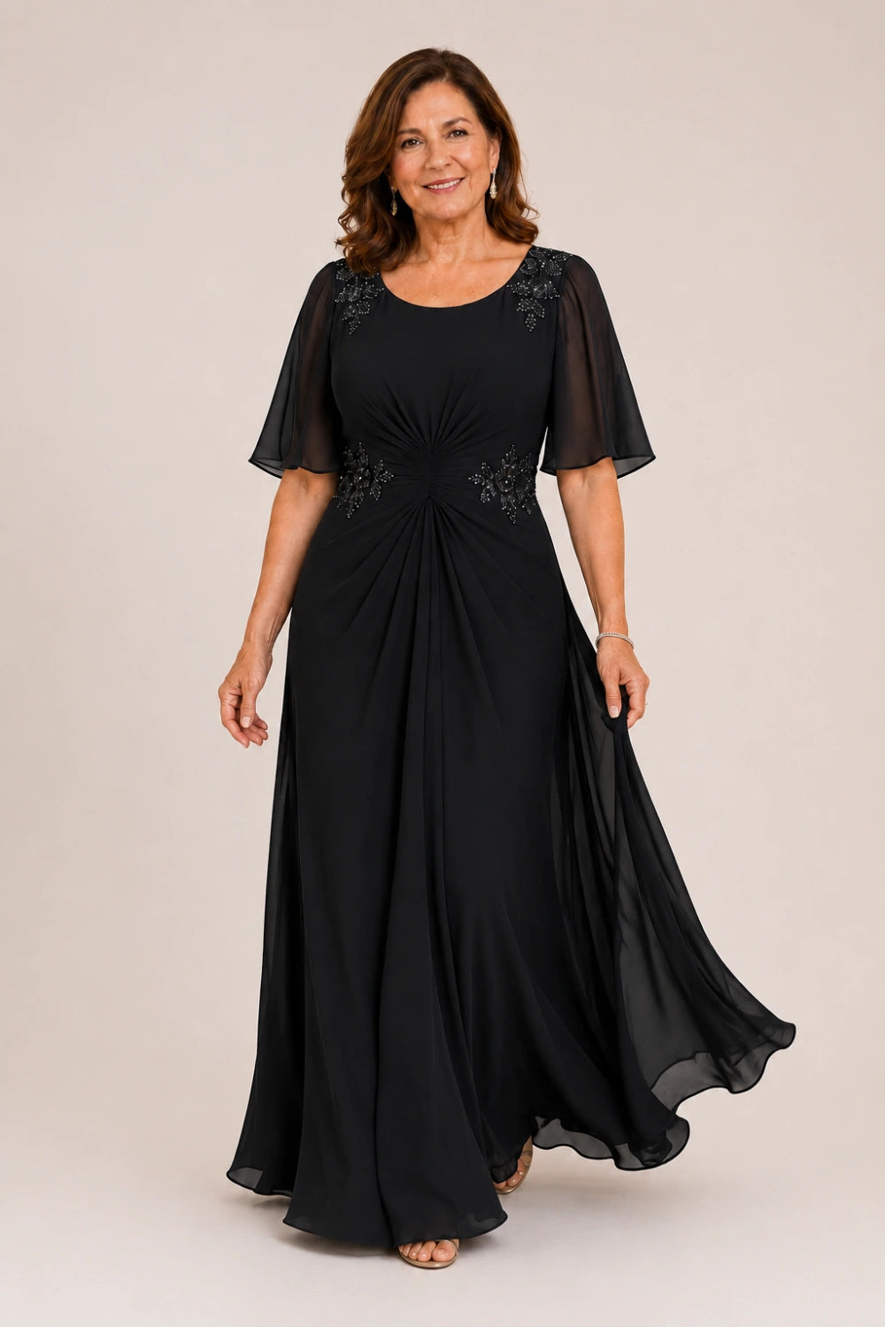Beaded Floral Ruched-Waist Chiffon Maxi Dress