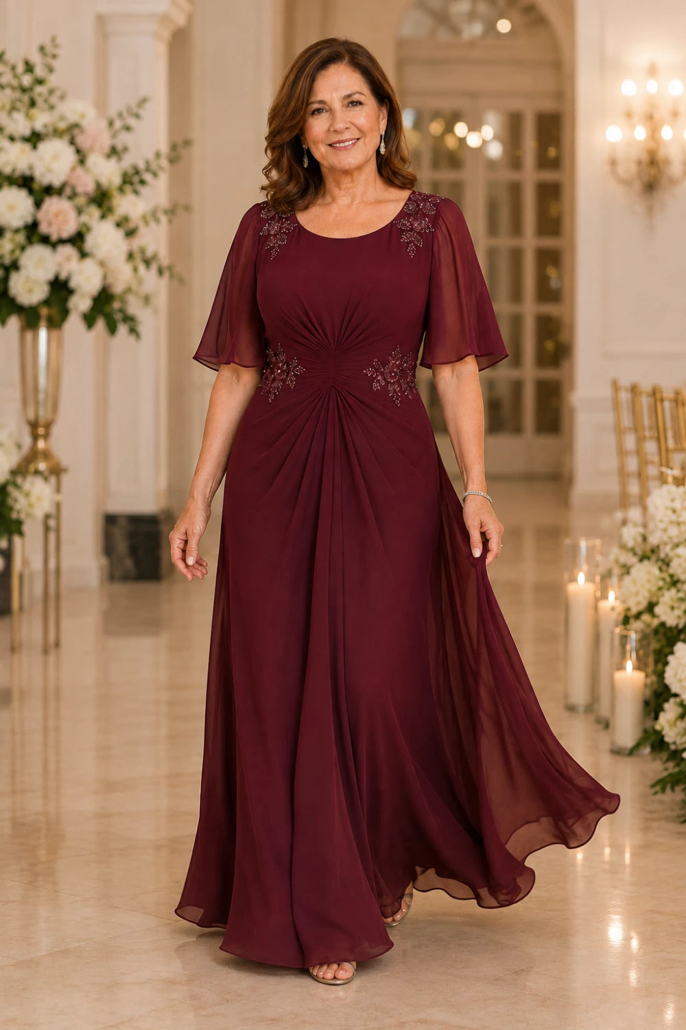 Beaded Floral Ruched-Waist Chiffon Maxi Dress