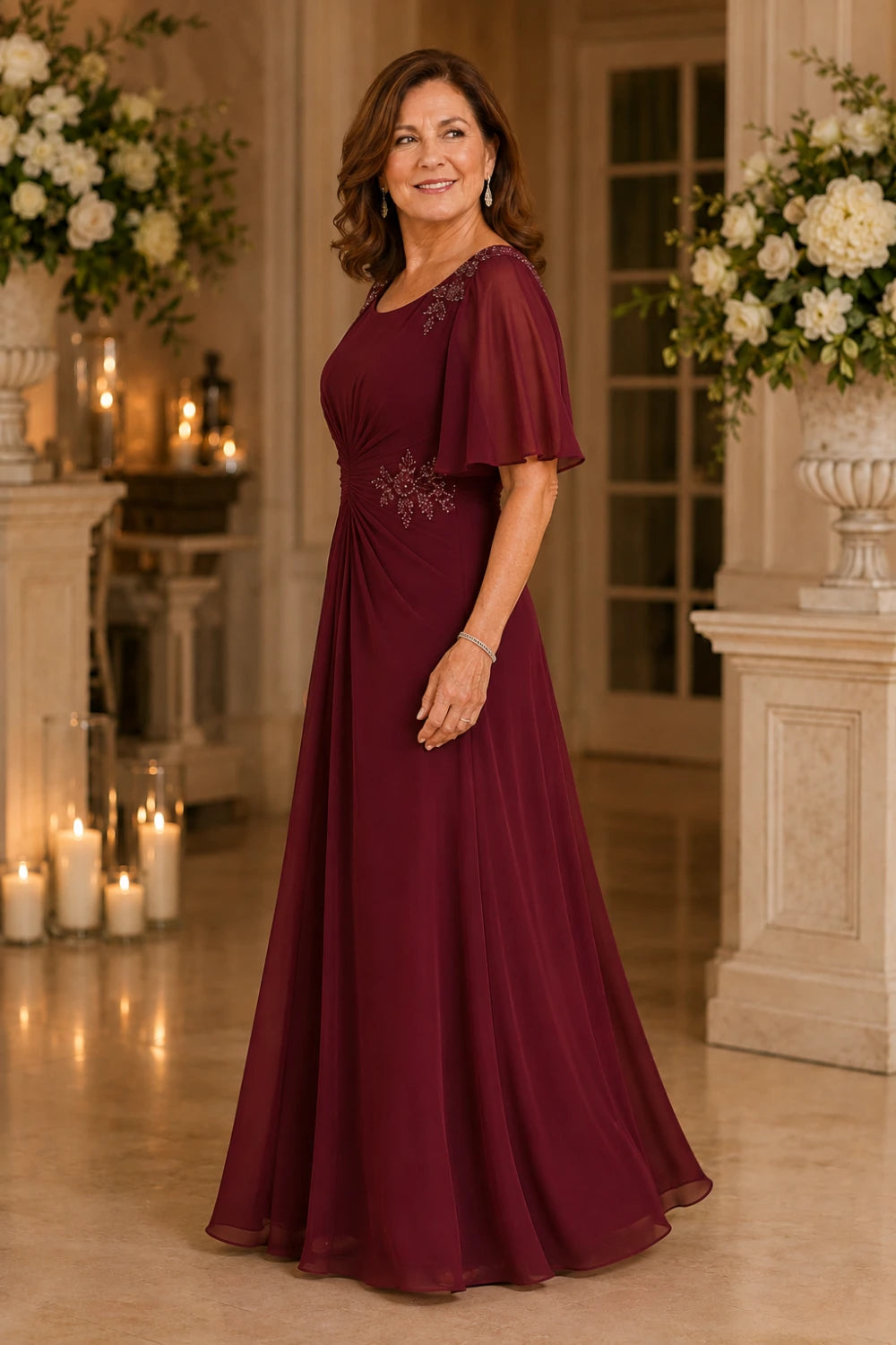 Beaded Floral Ruched-Waist Chiffon Maxi Dress