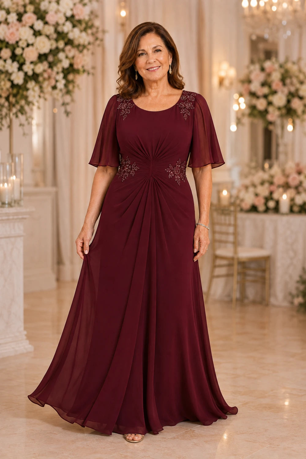 Beaded Floral Ruched-Waist Chiffon Maxi Dress