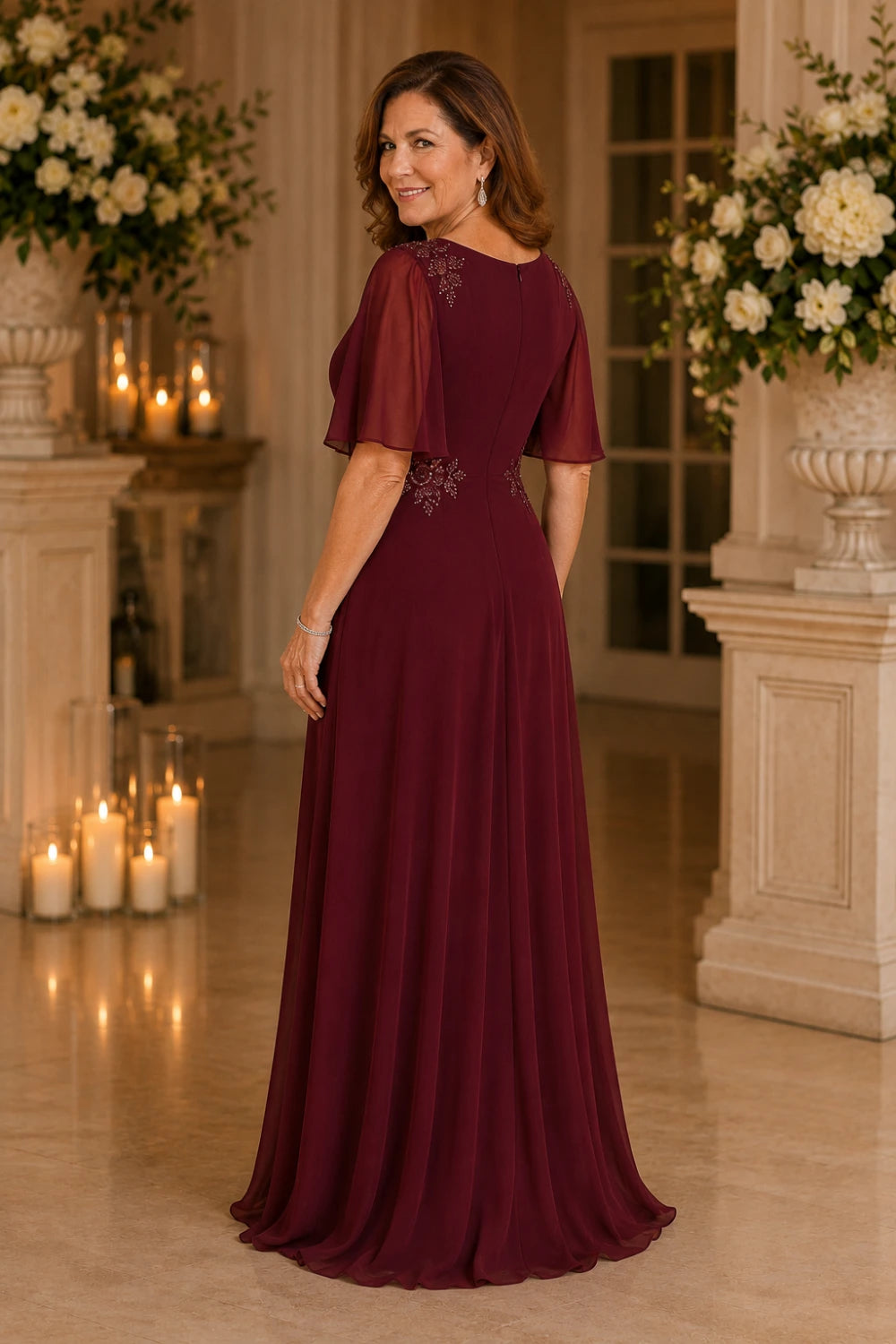 Beaded Floral Ruched-Waist Chiffon Maxi Dress