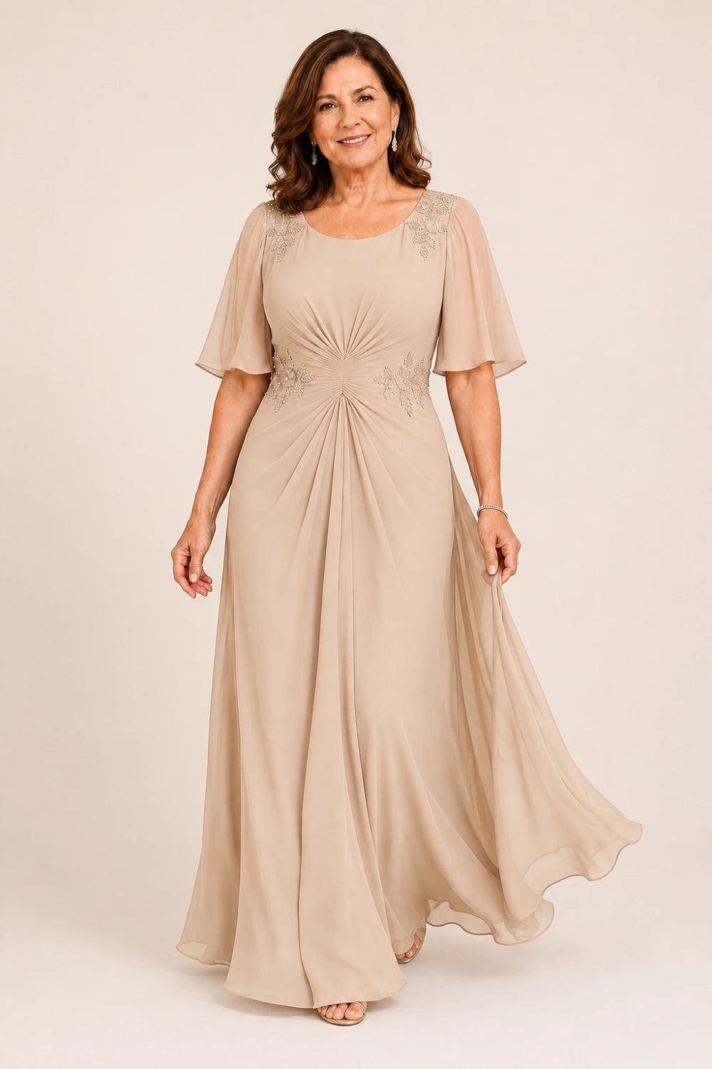 Beaded Floral Ruched-Waist Chiffon Maxi Dress
