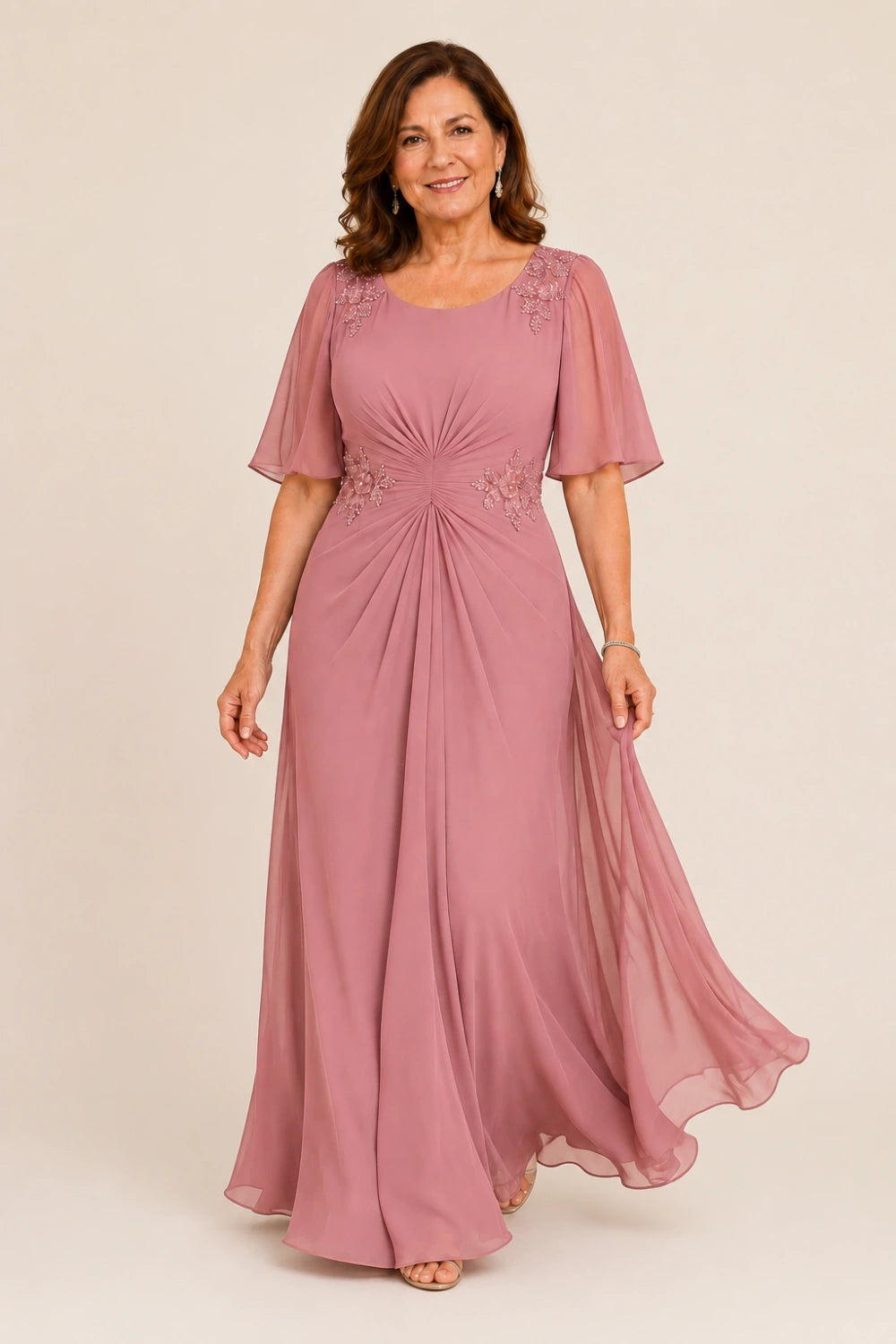 Beaded Floral Ruched-Waist Chiffon Maxi Dress