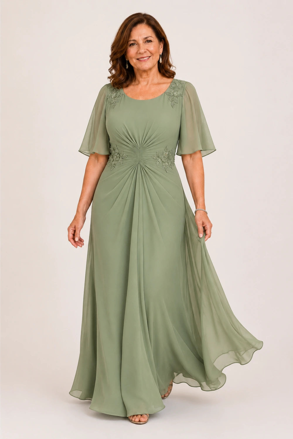 Beaded Floral Ruched-Waist Chiffon Maxi Dress