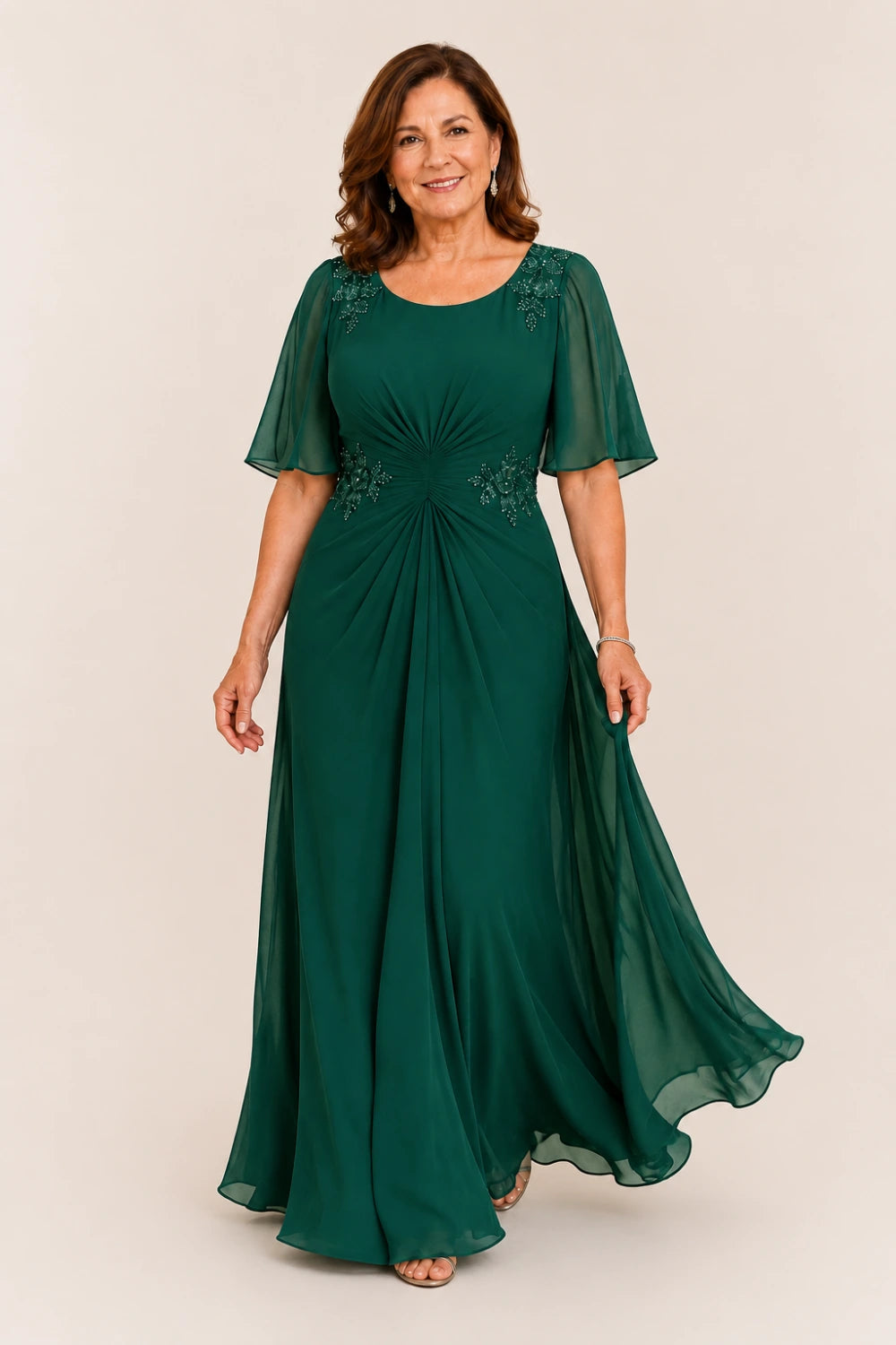 Beaded Floral Ruched-Waist Chiffon Maxi Dress