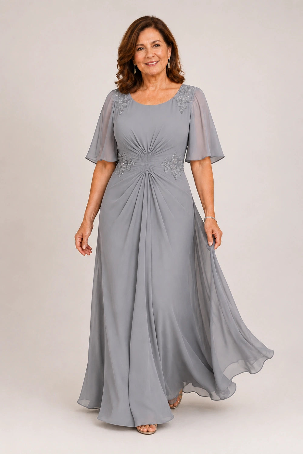 Beaded Floral Ruched-Waist Chiffon Maxi Dress