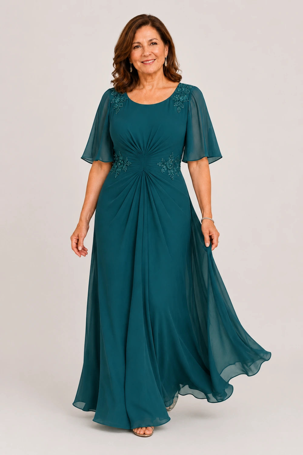Beaded Floral Ruched-Waist Chiffon Maxi Dress