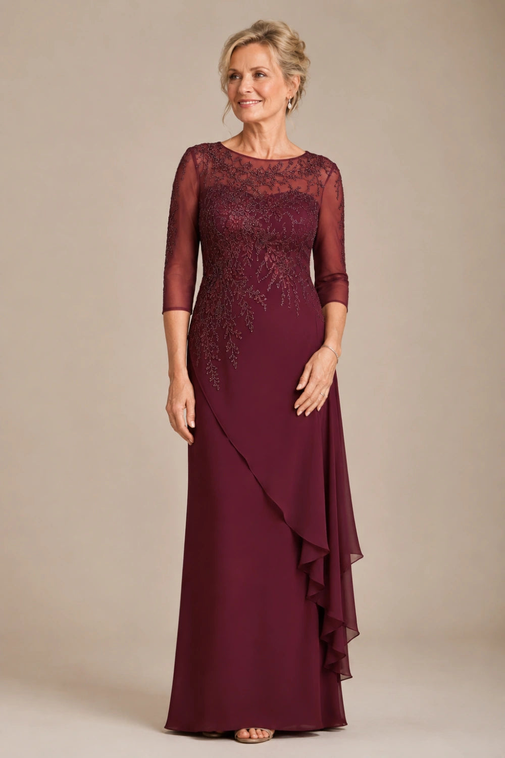 Beaded Illusion-Neck Chiffon Gown with Cascade Ruffle