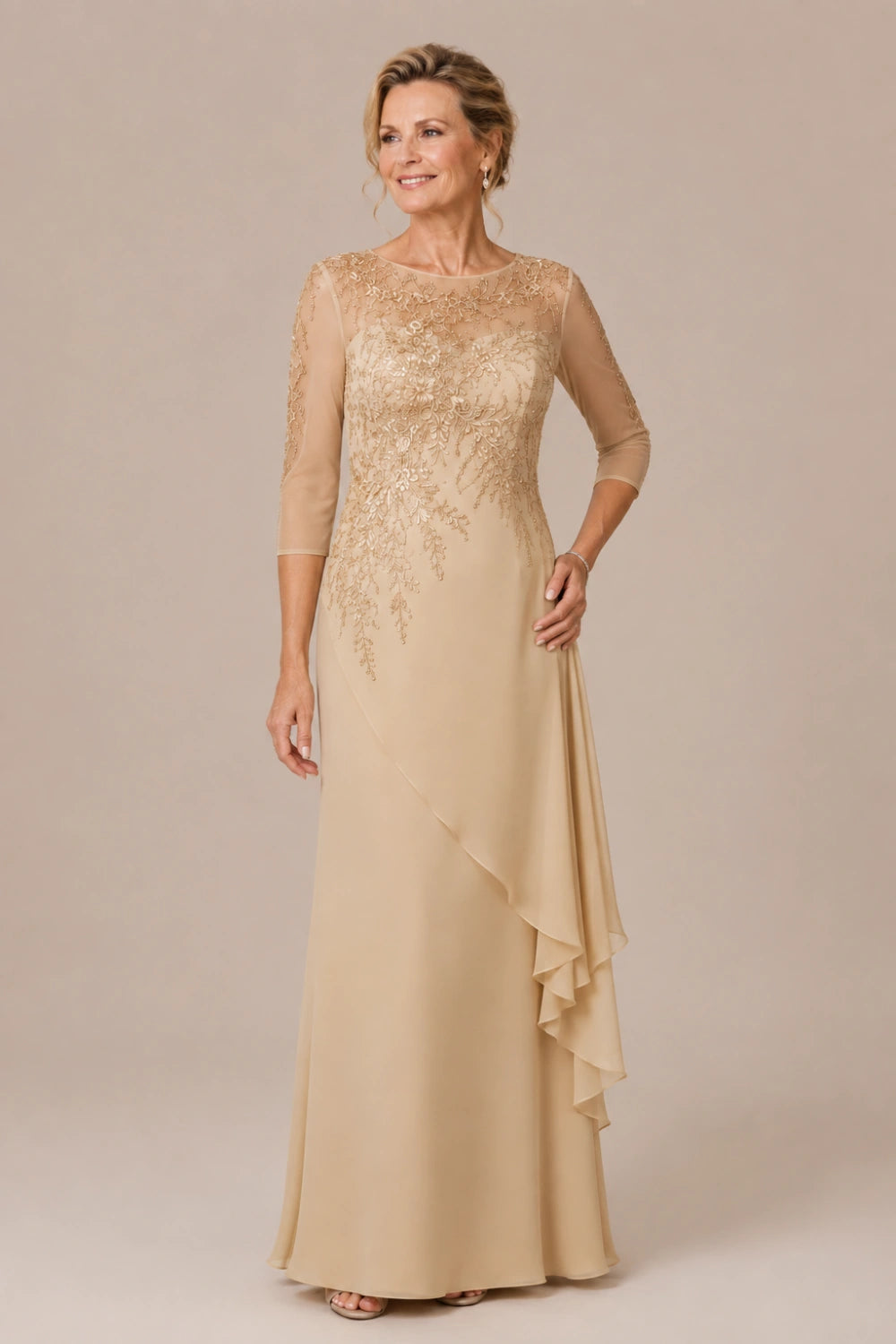 Beaded Illusion-Neck Chiffon Gown with Cascade Ruffle