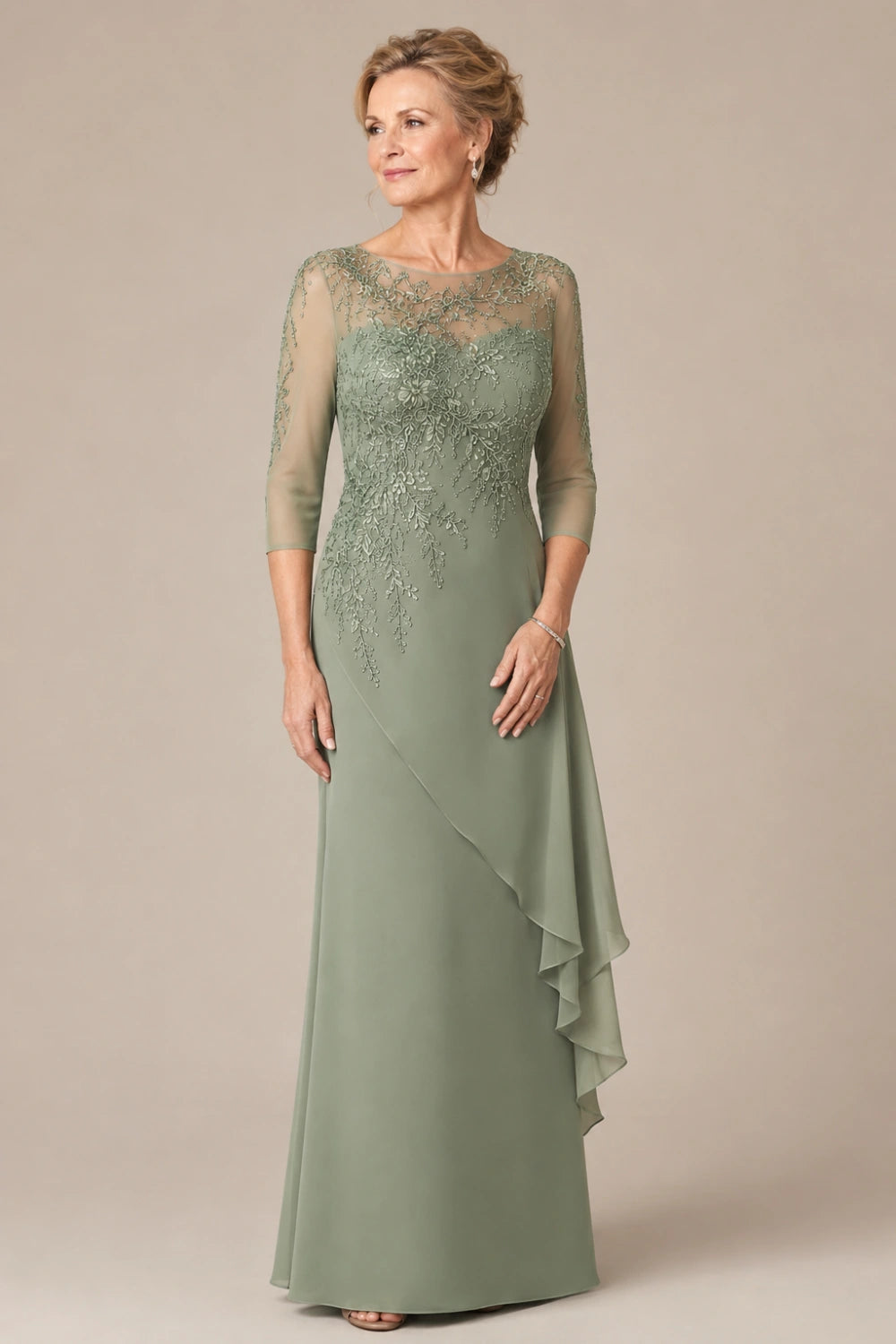 Beaded Illusion-Neck Chiffon Gown with Cascade Ruffle