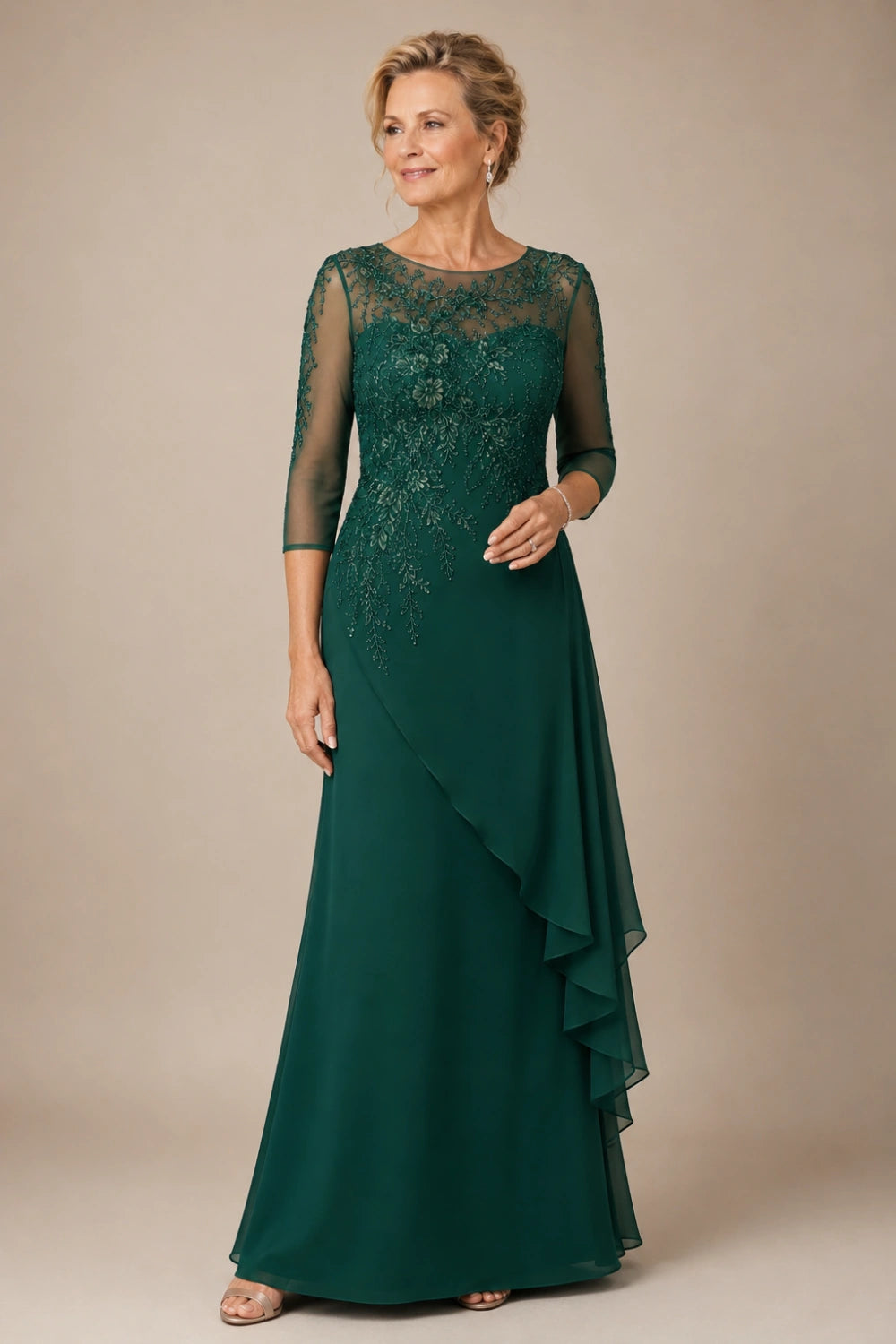 Beaded Illusion-Neck Chiffon Gown with Cascade Ruffle